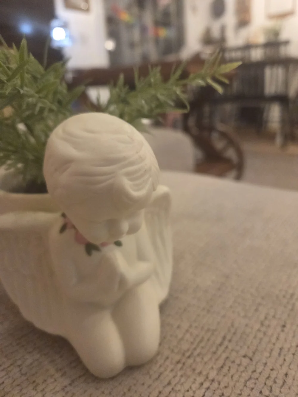 White Praying Angel Figurine Planter with Pink Rose Detail